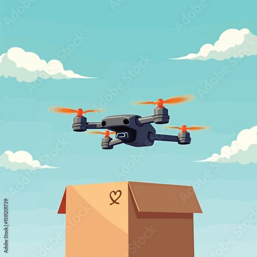 Drone delivery service cartoon illustration with package in blue sky and cloud background vector design