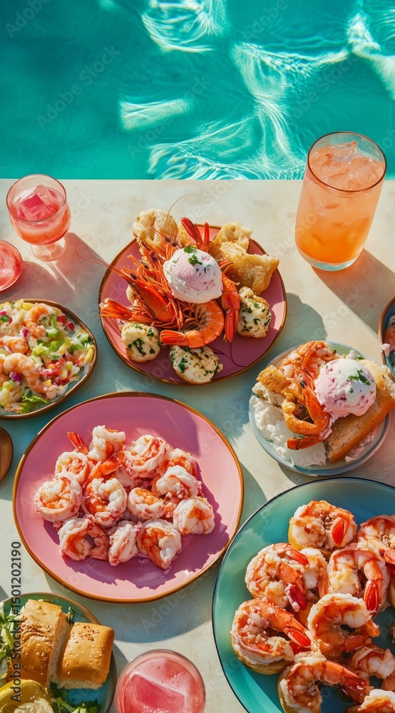 Fototapeta premium Colorful seafood lunch by the pool with shrimp, appetizers, and cocktails – ideal for summer menus, resort ads, vacation promotions, and tropical lifestyle content