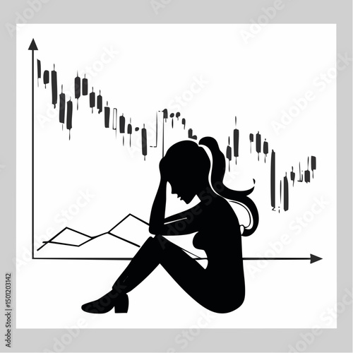 Stressed Trader Watching Drop Chart Silhouette — Flat 2D Minimalist Vector