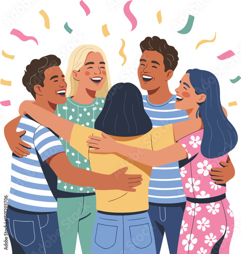 best friends forever group people hugging together and pose take portrait inside instant photo paper for happy youth friendship day cartoon doodle style vector illustration