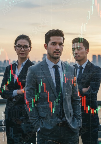 Business Team Portrait With Financial Charts Overlay Against City Background