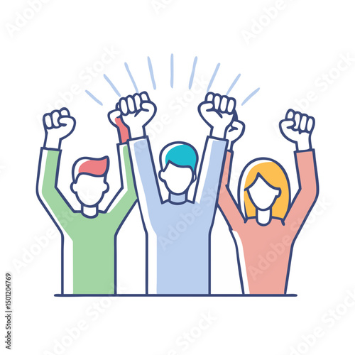 People united showing their support and joy with arms and fists raised