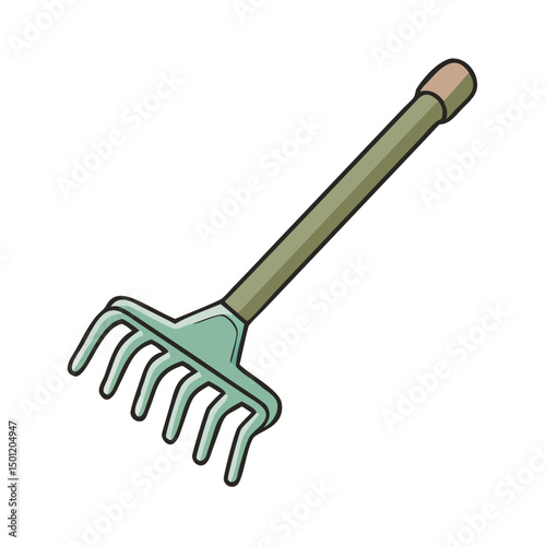 Illustration of a green garden rake with long handle and multiple tines