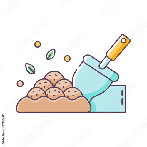Cartoon illustration of fresh ingredients being prepared with a mortar and pestle