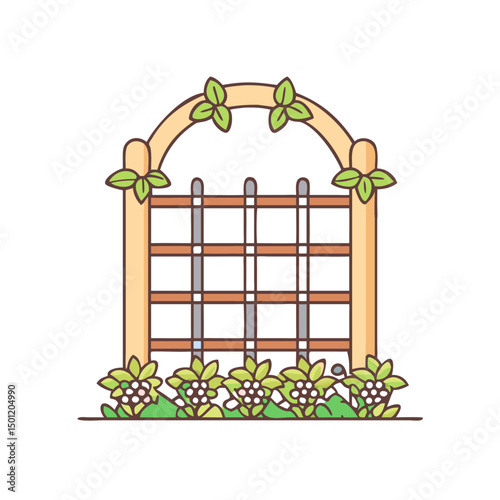 Cartoon depiction of a garden trellis or arch with flowering plants