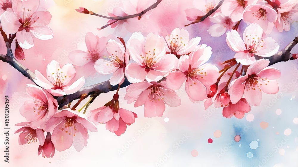 Obraz premium Watercolor of cherry blossoms highlighted against a bokeh background.