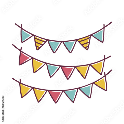 Hand Drawn Party Bunting Flags in Teal, Yellow and Pink Hanging Decorations