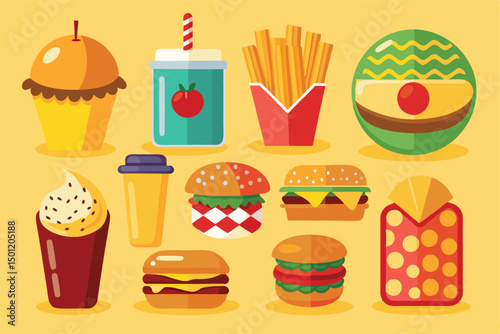 Fast Food Vector icons. Drink, Burger Donut and Ice Cream Cone. Render Realistic Hot Dog and Arabian Vegan Wrap. Fast Meals, Desserts, Pithy Isolated Vector Set.