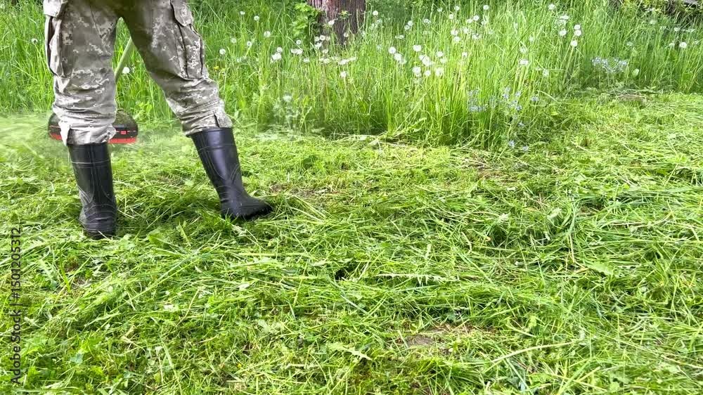  A man in boots and an army military suit mows green grass in the yard with a hand-held petrol brushcutter