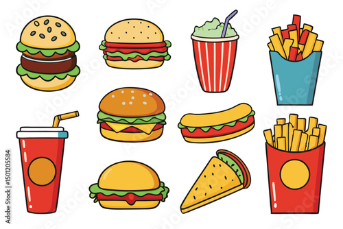 Fast Food Vector icons. Drink, Burger Donut and Ice Cream Cone. Render Realistic Hot Dog and Arabian Vegan Wrap. Fast Meals, Desserts, Pithy Isolated Vector Set.