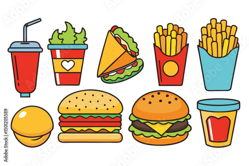 Fast Food Vector icons. Drink, Burger Donut and Ice Cream Cone. Render Realistic Hot Dog and Arabian Vegan Wrap. Fast Meals, Desserts, Pithy Isolated Vector Set.