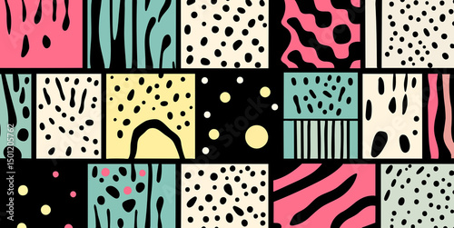 Funky Memphis pattern, squiggles, pastel color, 80s background, playful mood