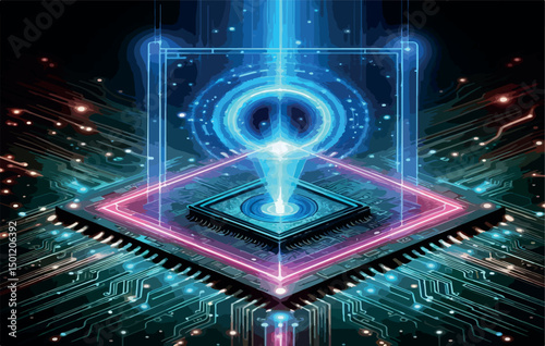 Futuristic quantum technology scene featuring a glowing blue portal emerging from a high-tech circuit motherboard.