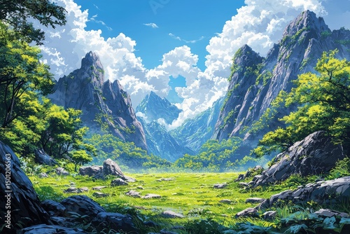 Lush valley between majestic mountains under a vibrant sky.