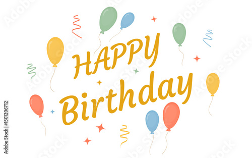Happy birthday text with balloons. Vector illustration. Festive composition isolated on white or transparent background. Close-up element for design decoration. Greeting card.