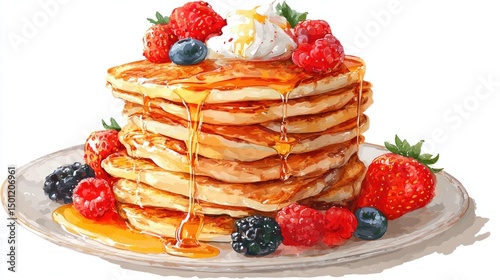 Wallpaper Mural Stacked Pancakes Drenched in Syrup with Fresh Berries Delight. Torontodigital.ca