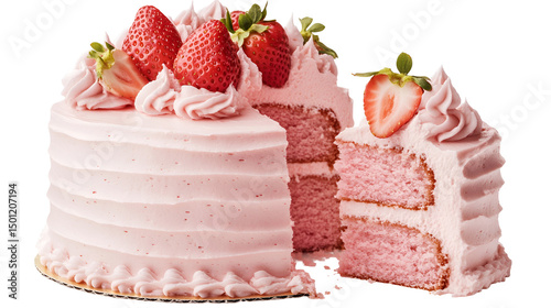 Pink cake with missing slice, butterfly decorations and pink icing on white plate