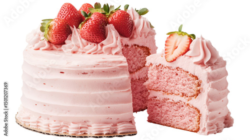 Pink cake with missing slice, butterfly decorations and pink icing on white plate