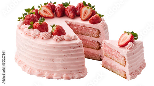 Pink cake with missing slice, butterfly decorations and pink icing on white plate
