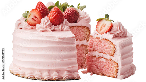 Pink cake with missing slice, butterfly decorations and pink icing on white plate