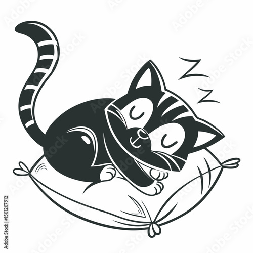 Monochrome cartoon cat curled up asleep on a cushion vector illustration
