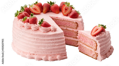 Pink cake with missing slice, butterfly decorations and pink icing on white plate