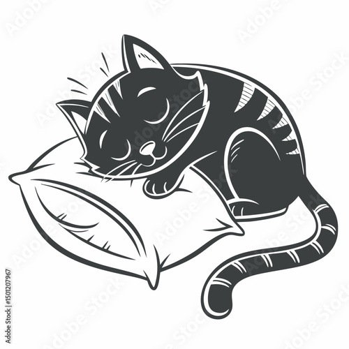 Black and white cartoon cat curled up asleep on soft pillow illustration