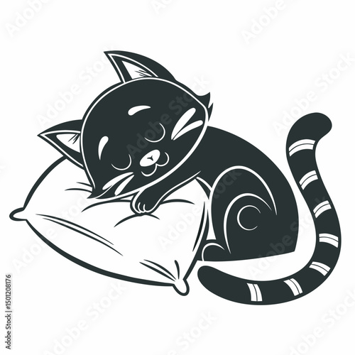 Sleeping cat illustration kitten nap on pillow monochrome style graphic