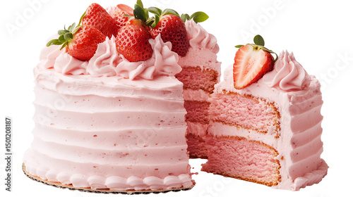 Pink cake with missing slice, butterfly decorations and pink icing on white plate