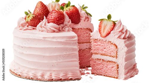 Pink cake with missing slice, butterfly decorations and pink icing on white plate