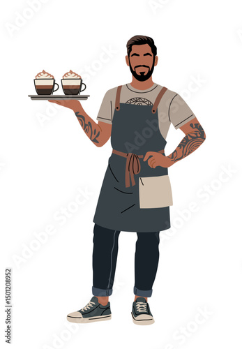 Trendy hipster barista man with beard, tattoo, apron, t-shirt, jeans, and sneakers holding tray with coffee cups. Cool waiter character. Flat vector illustration on transparent  background