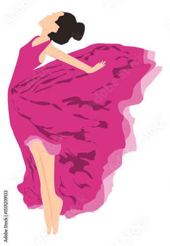 Attractive pretty girl in a pink gown feeling the inspired freedom. 