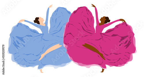 Attractive pretty dances. One have a black skin and other  one have a fair skin. This girls represent the peace of the world. 