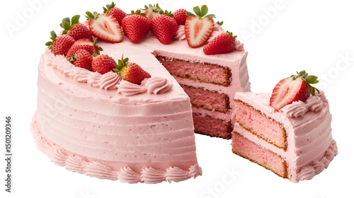 Pink cake with missing slice, butterfly decorations and pink icing on white plate