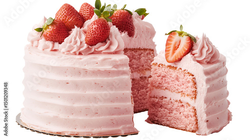 Pink cake with missing slice, butterfly decorations and pink icing on white plate