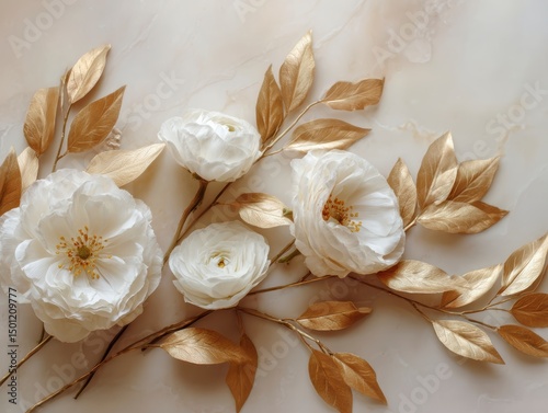 Delicate white ranunculus flowers and golden leaves lying on beige background