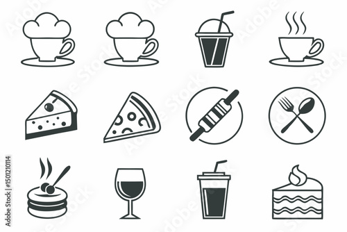Food and beverage icons vector set representing restaurant cafe bakery elements