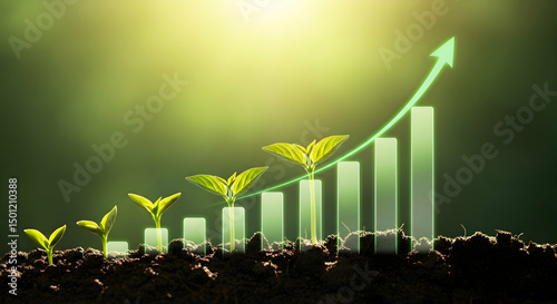Sustainable Business Growth Concept: Seedling Evolution to Thriving Plants with Upward Graph Showing Financial, Environmental Progress, Success, and Market Expansion.