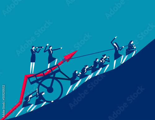 Mobilization for economic growth and development. The effort of people trying to push a diagram up a hill