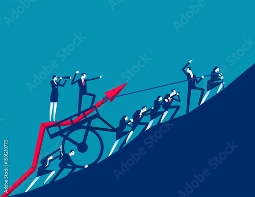 Mobilization for economic growth and development. The effort of people trying to push a diagram up a hill