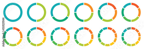 Pie chart set. Circle section graph. Pie chart divided 1,2,3,4,5,6,7,8,9,10,11,12 equal parts. Infographic wheel segment or section parts. Circle division infographic icon set. Vector illustration