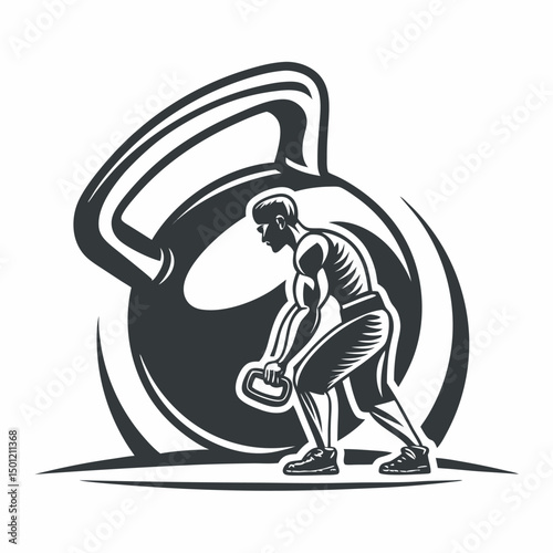 Vector silhouette of muscular man lifting heavy kettlebell black and white