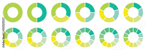 Pie chart set. Different color circles. donut and pie chart infographic elements. Colorful diagram graphs. Circle section graph. Pie chart divided 1, 2, 3, 4, 5, 6, 7, 8, 9, 10, 11, 12 equal parts