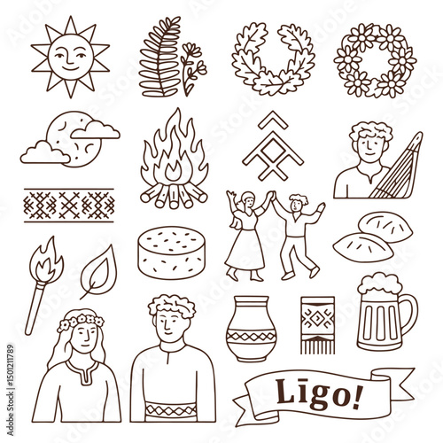 Ligo Festival Line Art Icons – Latvian Midsummer Symbols. Line art icon set featuring traditional Latvian Ligo celebration elements: sun, fire, cheese, kokle, floral wreaths, folklor symbols