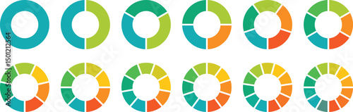Pie chart set. Different color circles. donut and pie chart infographic elements. Colorful diagram graphs. Circle section graph. Pie chart divided 1, 2, 3, 4, 5, 6, 7, 8, 9, 10, 11, 12 equal parts
