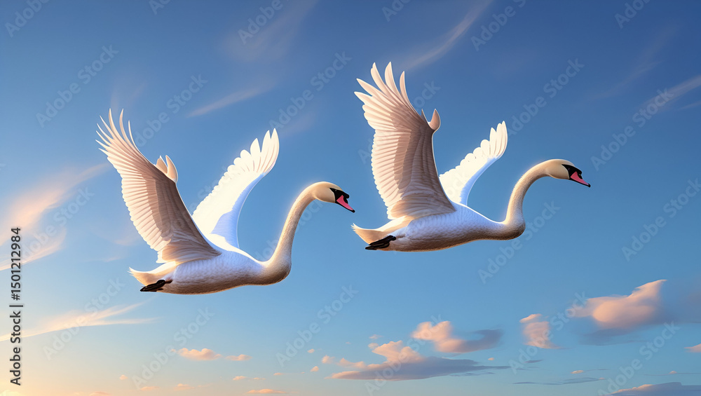Fototapeta premium illustration of two whooper swans flying side by side in the blue sky during the evening.