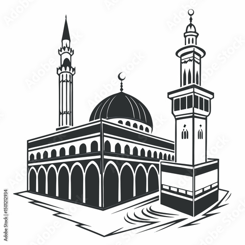 Black and white vector illustration of mosque with minarets and kaaba
