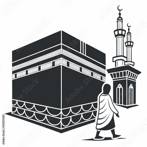 Black and white vector illustration of the kaaba with person and minarets