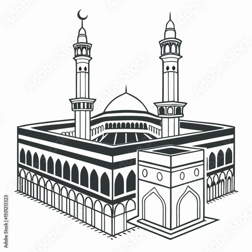 Line art illustration of masjid al haram and kaaba in mecca saudi arabia