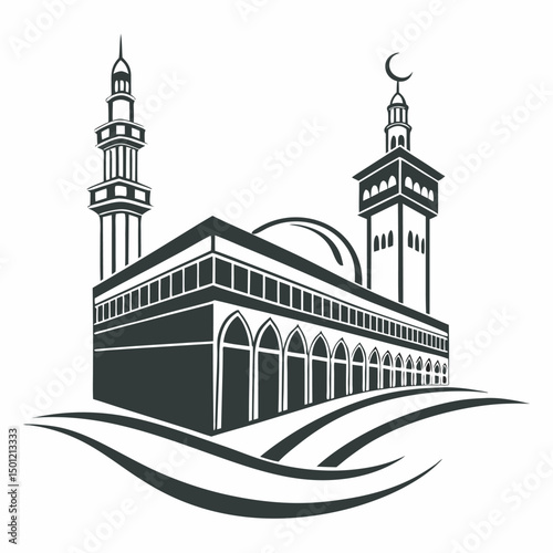 Black and white vector illustration of the masjid al haram in mecca